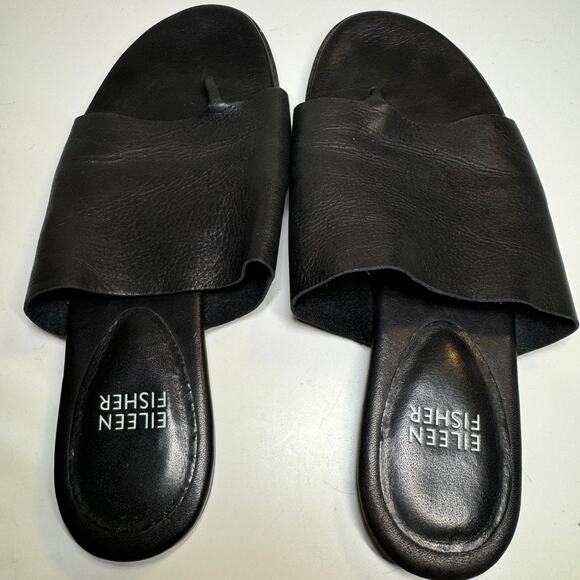 Eileen Fisher Black Leather Toe Ring Slides Sandals 6.5 Vero Cuoio Minimalist - Picture 4 of 6